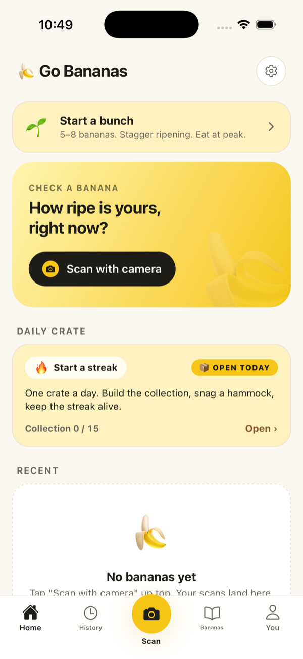 Go Bananas home screen with the Scan with camera button