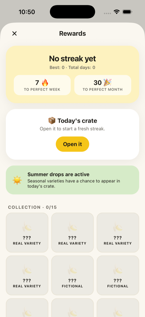 Rewards screen with the daily crate, streaks, and variety collection